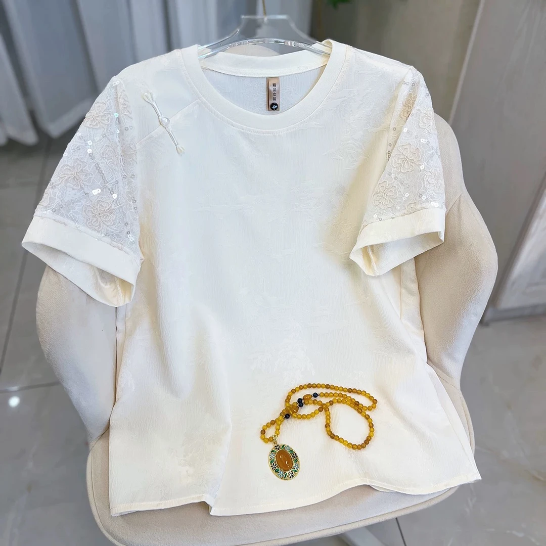 绣花新中式提花T恤设计感短袖套装女士纯色春夏针织圆领夏季