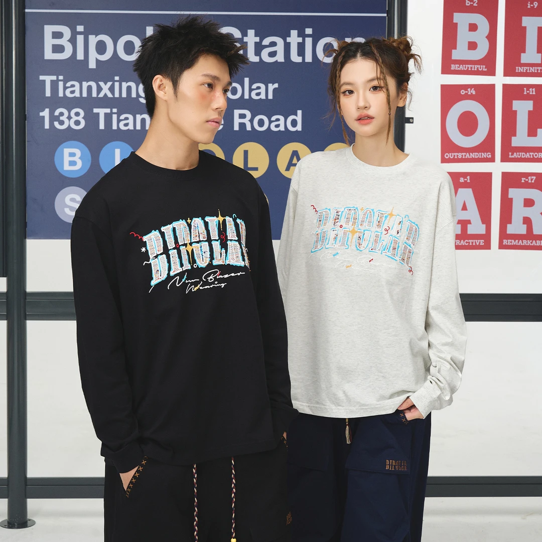 BIPOLAR彩点涂鸦流苏贴布美式春秋运动潮流宽松长袖T恤  11S186