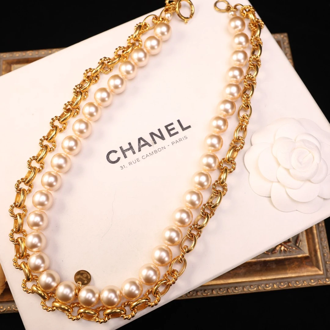 95新 Chanel/香奈儿 柚礼中古/香奈儿珍珠素金双层项链le506049