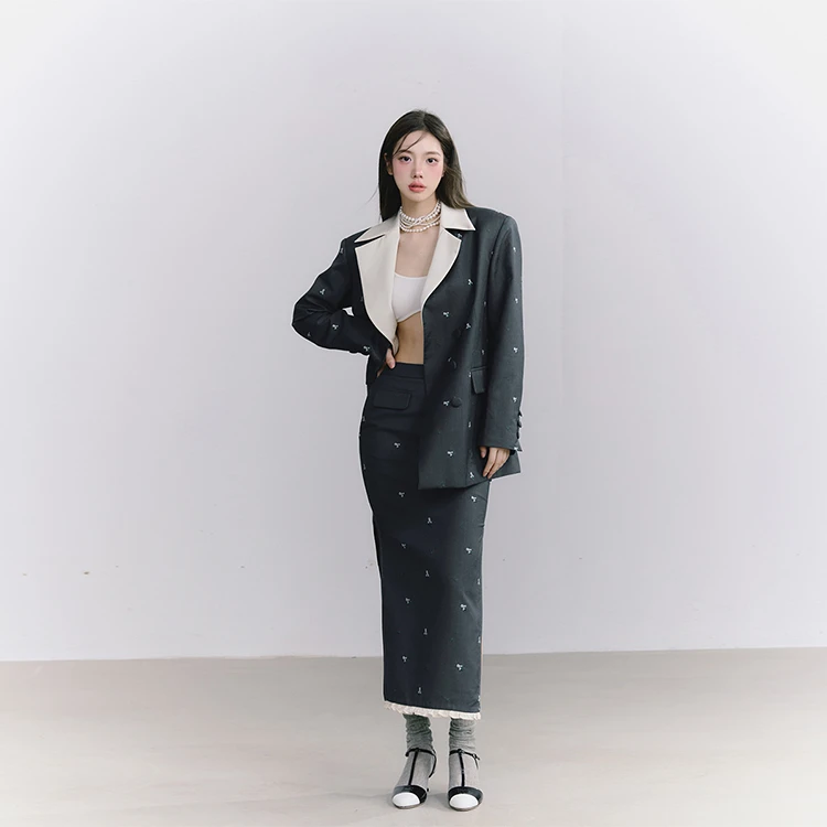 【LaluneDuCiel】LLDC 重工定制花朵刺绣长款西装+长裙套装秋季西服