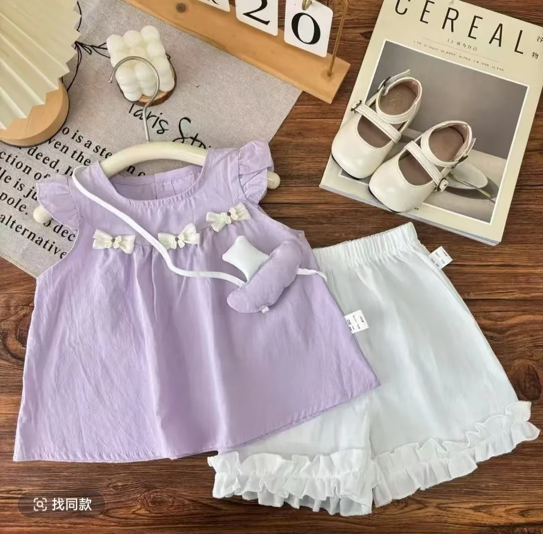 女宝宝夏季新款梦幻蘑菇屋蝴蝶结洋气上衣短裤飞袖套装ZS-G-B59
