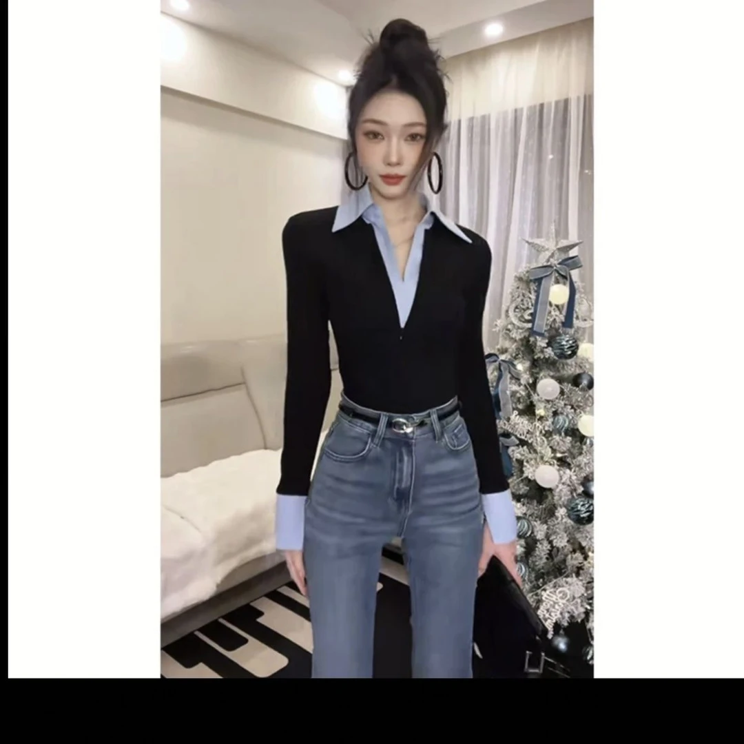 2025春秋季新款修身打底衫显瘦遮肉长袖撞色拼接假两件T恤上衣女