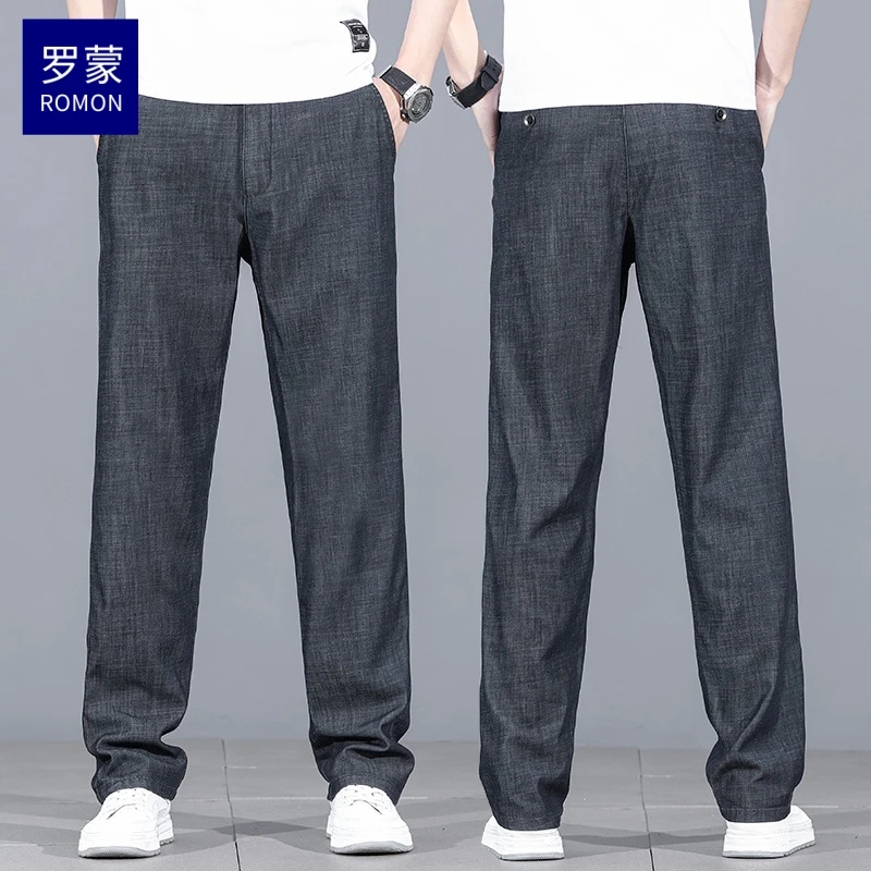 罗蒙天丝超薄款牛仔裤男士夏季薄款宽松直筒弹力休闲商务冰丝长裤