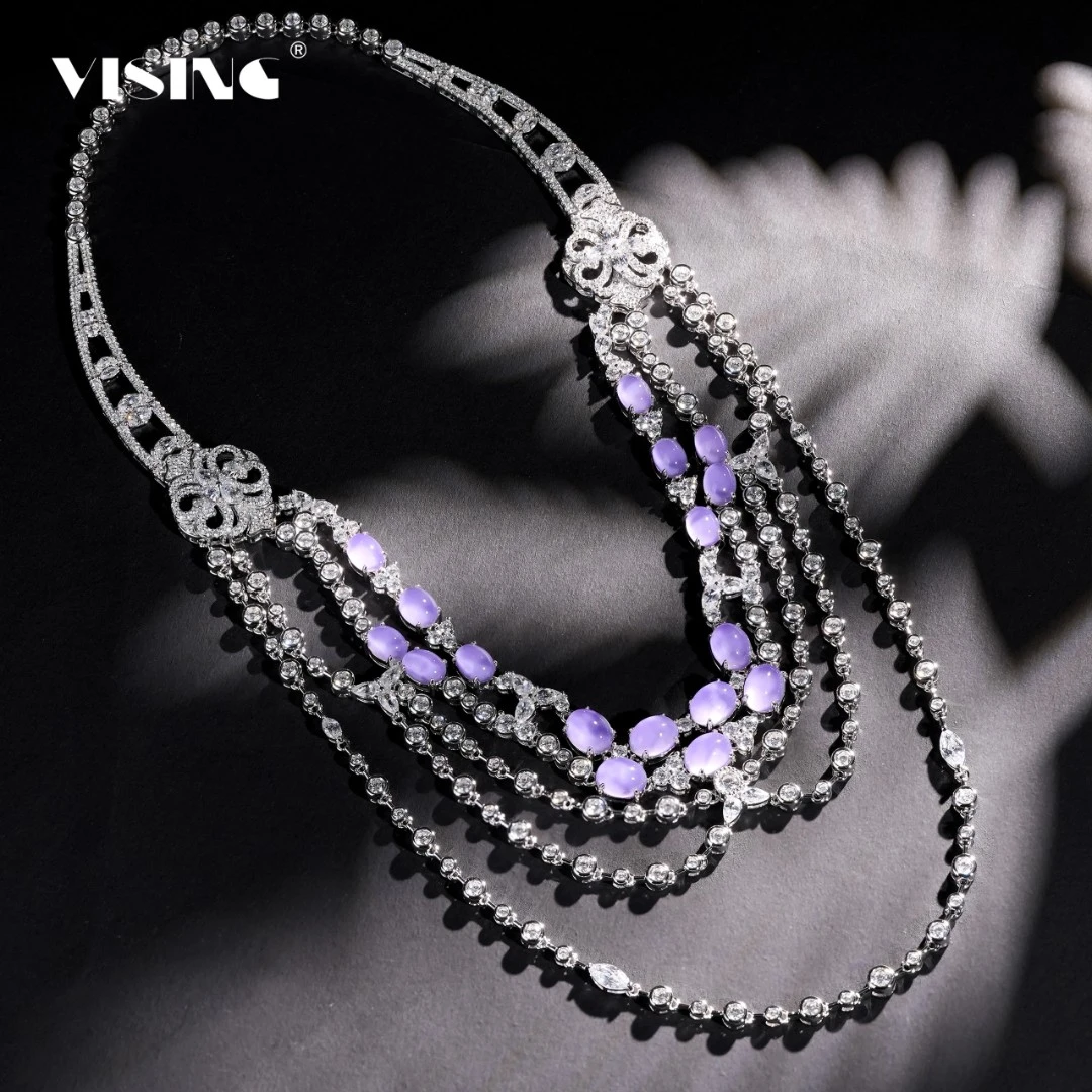 链子925银合成锆石 VISING珠宝奢华晚宴项链套件紫色紫罗兰爆闪