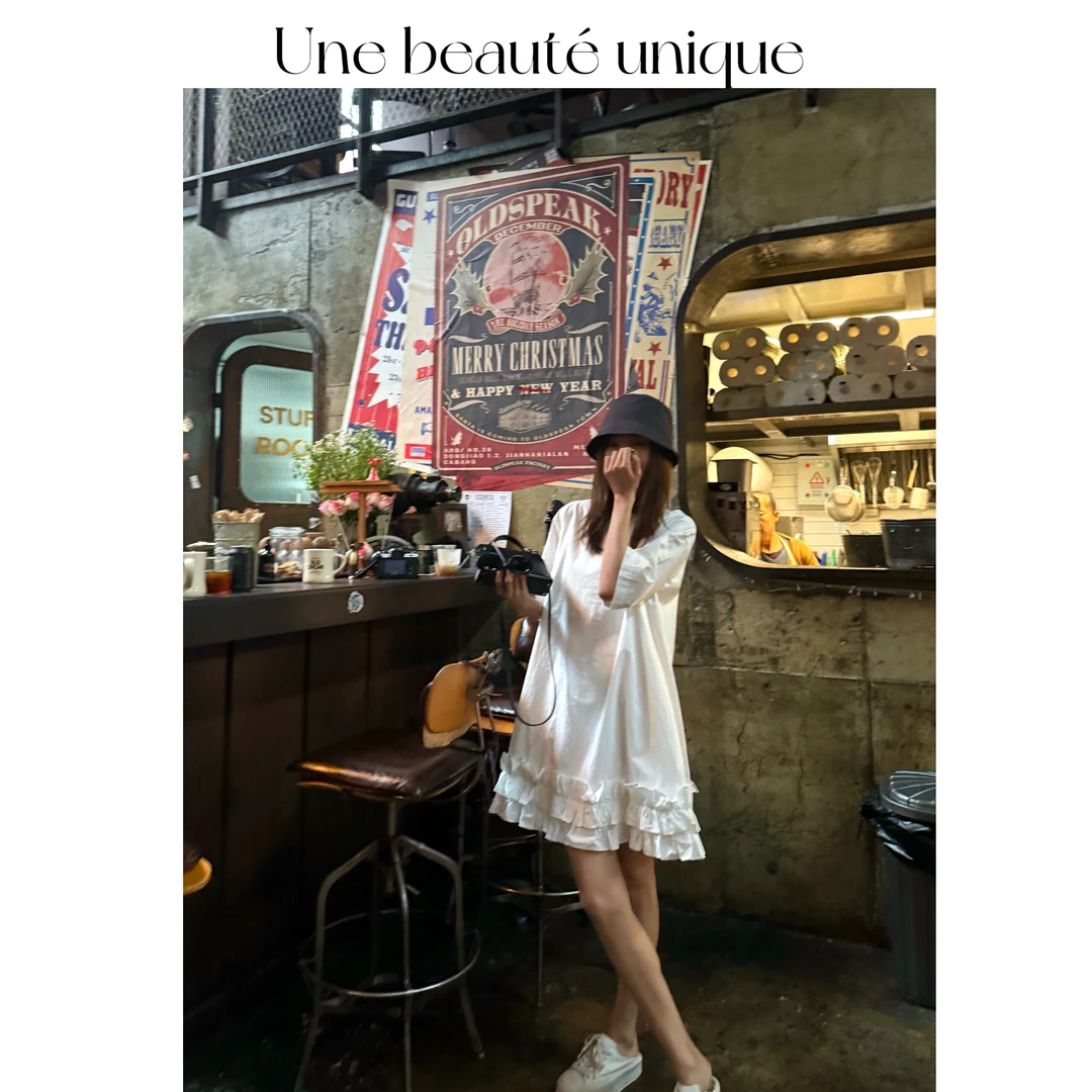 【大不里士】气质宽松小众休闲法式韩版设计感白色薄款夏季连衣裙