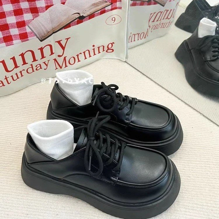 PU系带单鞋深口橡胶圆头平底低帮鞋中跟(3-5cm)