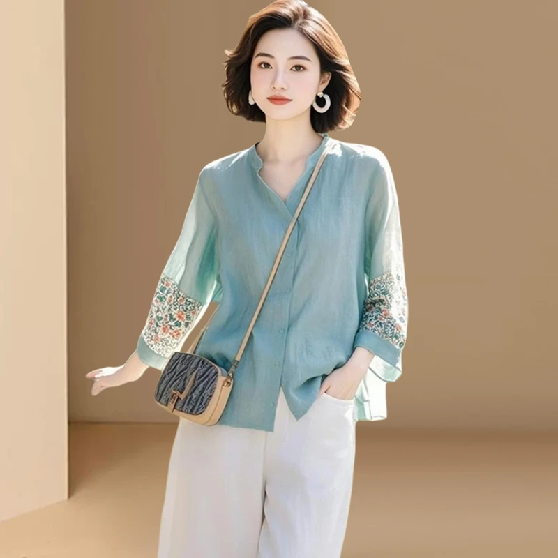 2025夏季超火独特漂亮小衫通勤穿搭青七分袖衬衫外套女宽松慵懒风