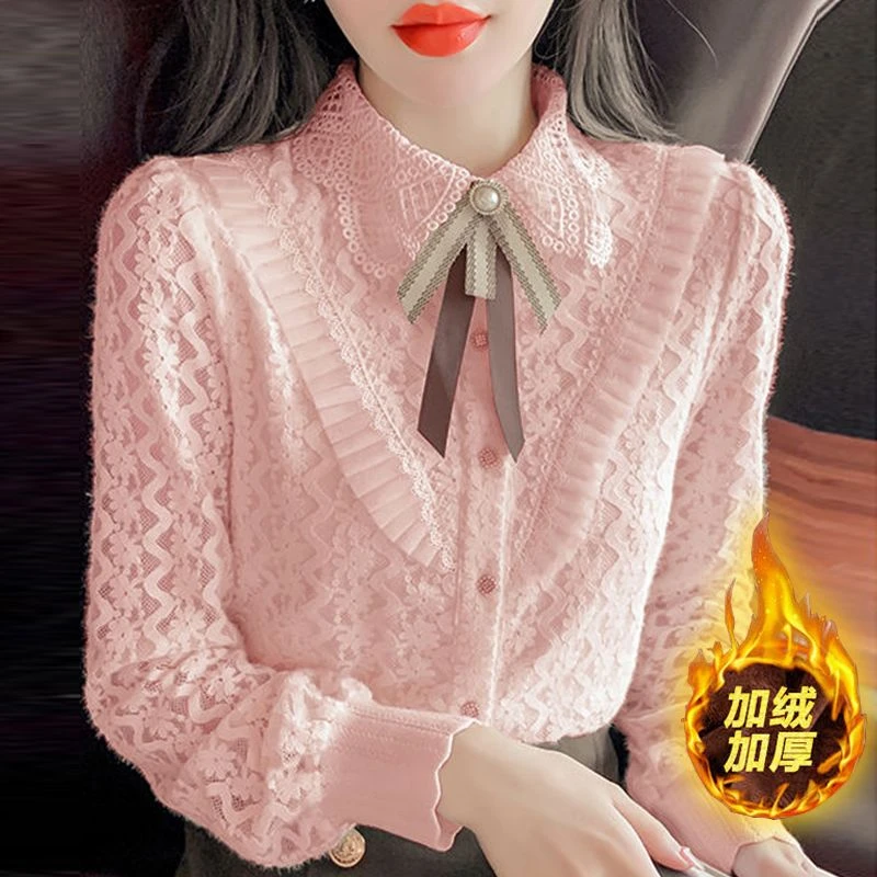 打底衫女2024秋冬新款时尚高档宽松蕾丝衬衫洋气百搭减龄上衣衬衣