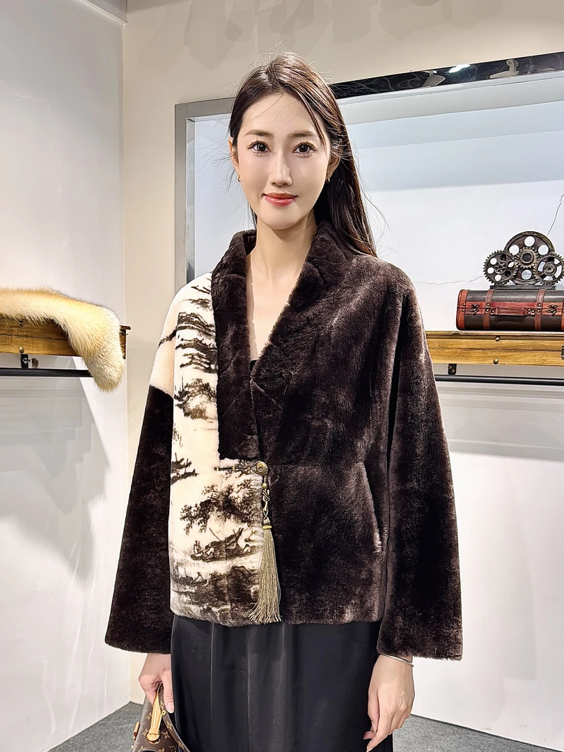 皮毛一体女外套真皮真毛水墨画新国风外套高端大气皮草外套短款