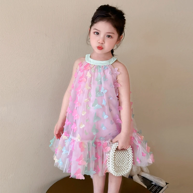 女小童甜美可爱粉红色立体蝴蝶网纱连衣裙夏新款凉快吊带裙公主裙