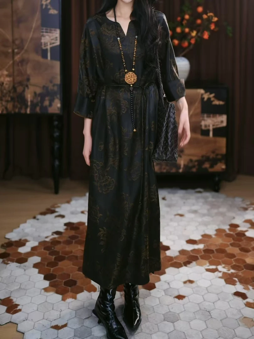 【佳曦】香云纱长款宽松时尚春夏提花遮肉印花复古长裙连衣裙宽松