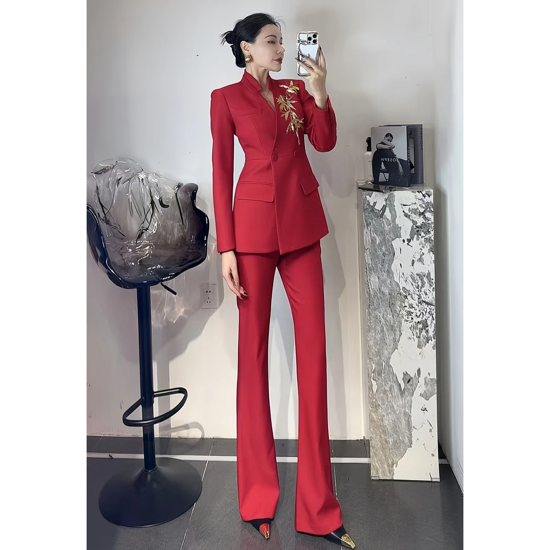 ZEROYK高定职业西装套装2025春季名媛气质手工钉珠西服长裤两件套