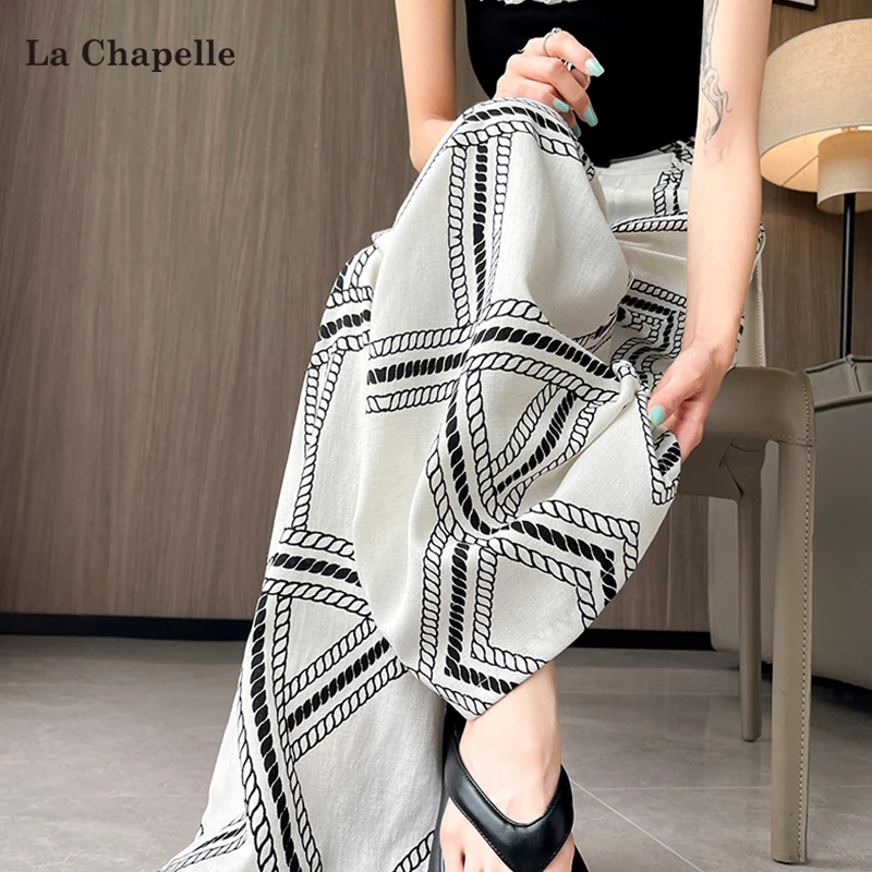 拉夏贝尔老钱风松弛感印花阔腿裤女夏季薄款慵懒复古休闲拖地长裤