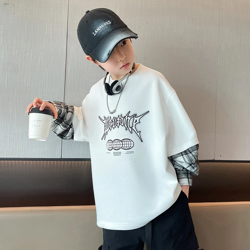 儿童假两件卫衣圆领2025新款男童时髦帅气中大童时尚打底衫男孩潮