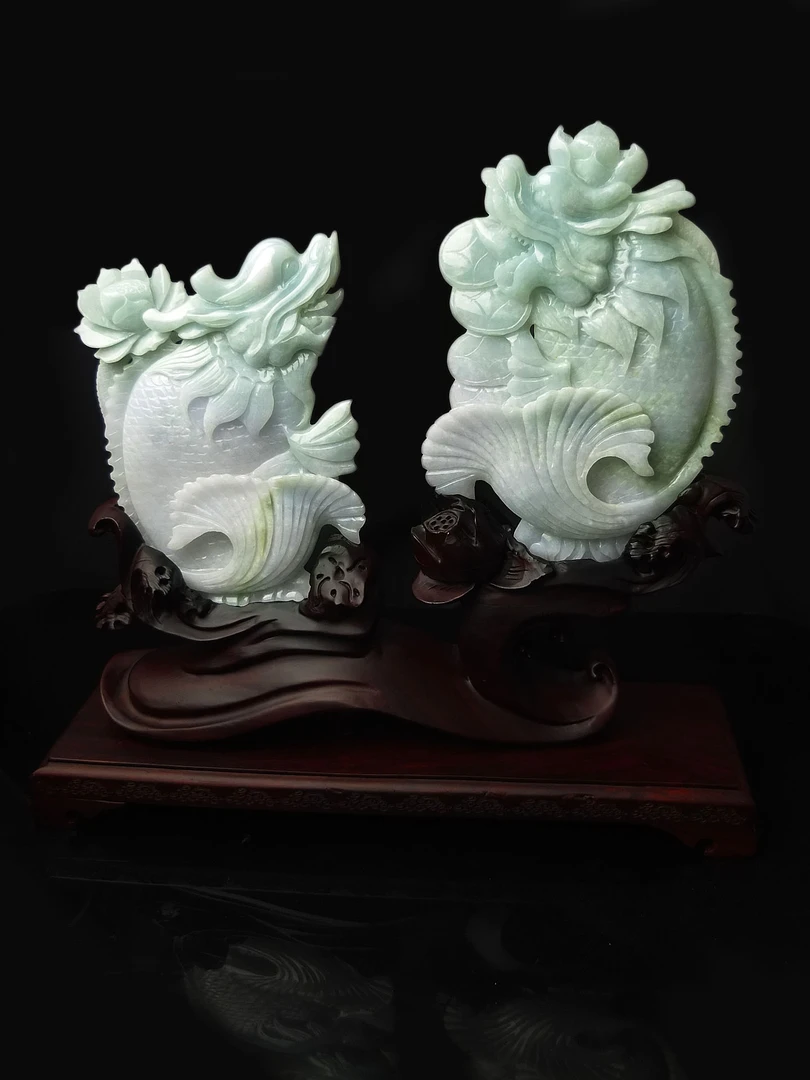 新品天然缅甸翡翠龙鱼摆件手工巧雕玉石龙头鱼收藏款正品包邮