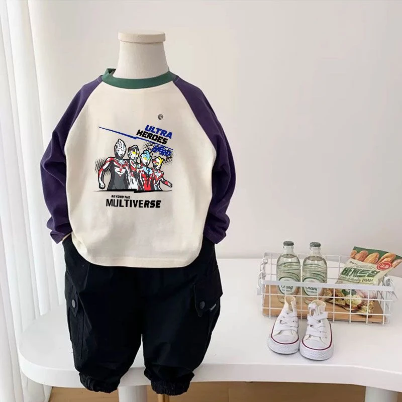 纯棉韩版儿童春秋季拼色长袖T恤宝宝奥特曼男童卡通印花打底衫潮T