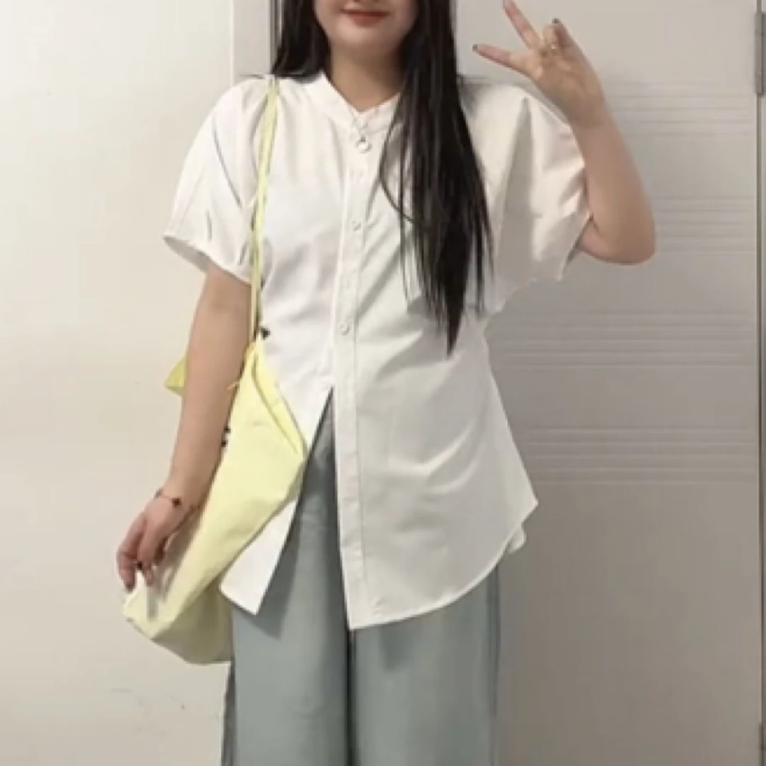 孙优秀推荐韩版蝙蝠袖绑带开叉衬衫泡泡袖衬衫前开叉显瘦百搭