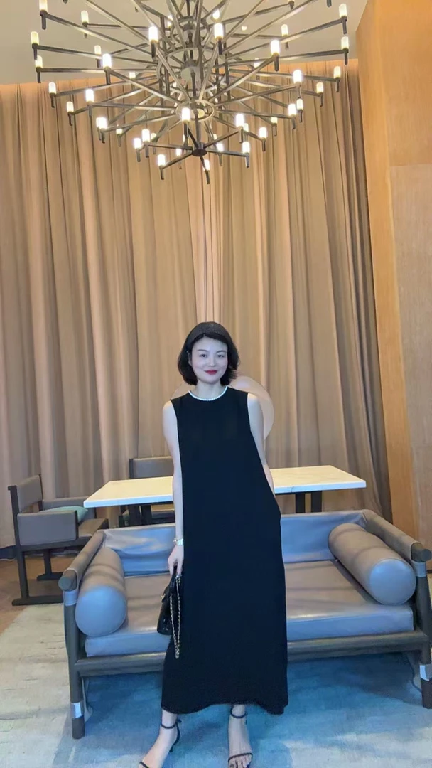 TANTAN  醋酸 气质珍珠领无袖长款连衣裙1724