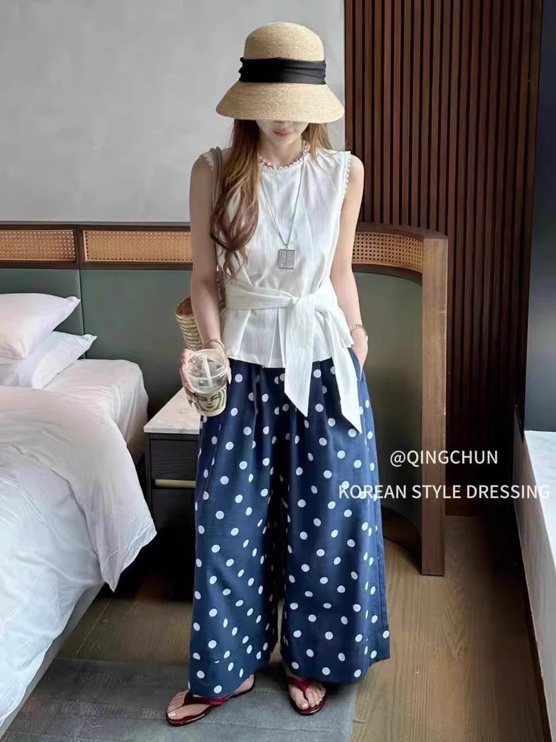无袖上衣+波点裤+腰带三件套（偏远地区不包邮）