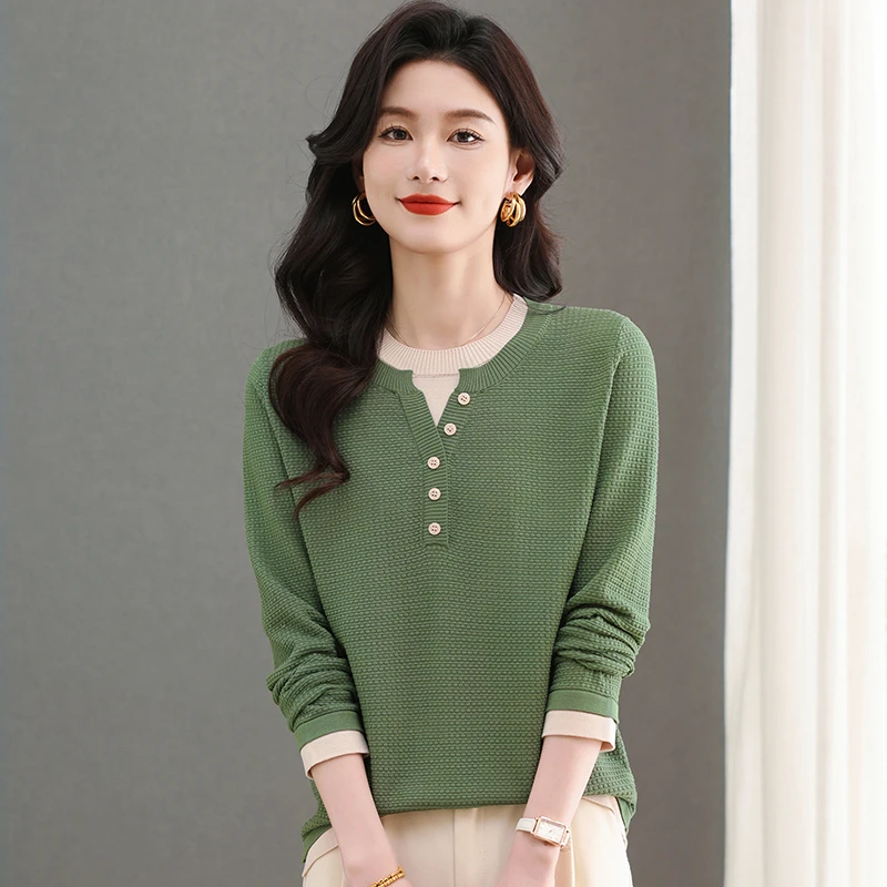 春季女士套头假两件打底宽松显瘦百搭减龄长袖针织衫