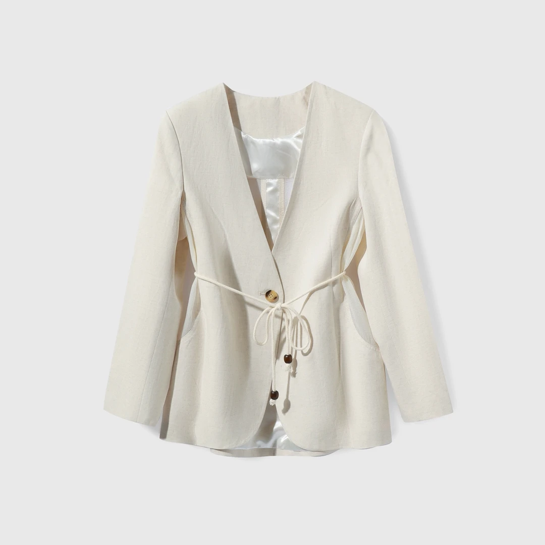 【墨琼】“雾漫白霜”  天丝亚麻混纺拼接网纱丁达尔风西装外套7189