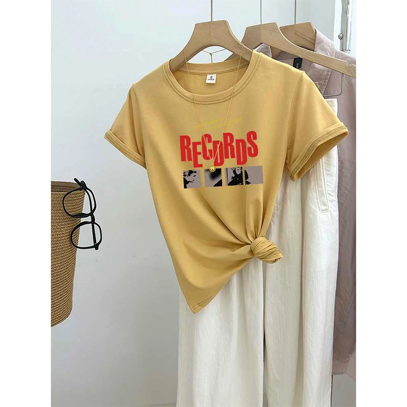 夏季爆款芒果黄色正肩圆领短袖t恤女款时尚休闲百搭洋气显瘦高级