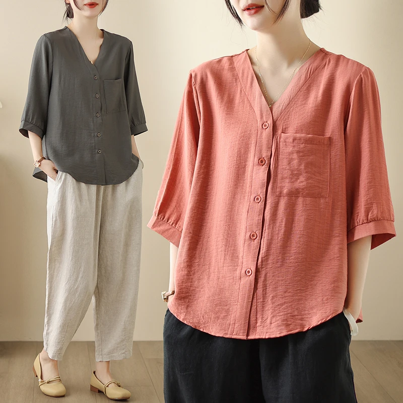 夏季复古休闲中袖宽松七分袖春夏常规意式线绣纯色衬衫大码上衣