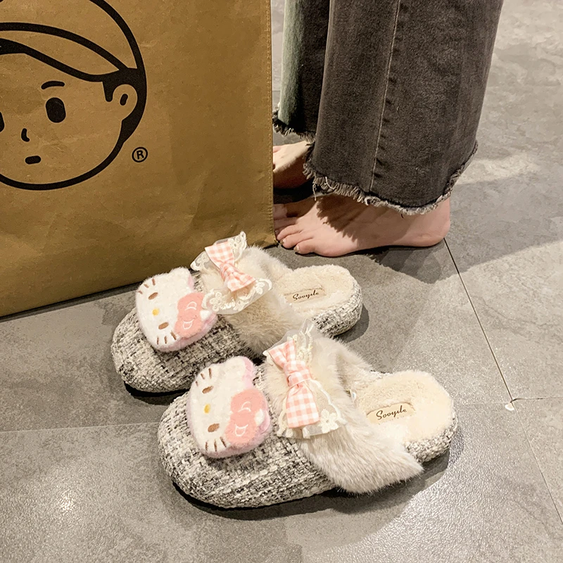 可爱卡通小猫拖鞋女2025秋冬新款加绒保暖外穿厚底防滑懒人棉拖鞋