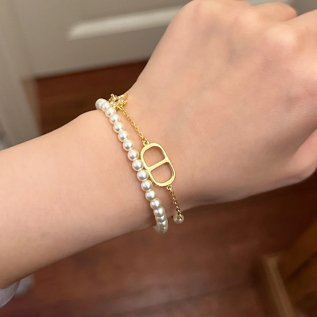 铜合金仿珍珠手链 S0005 猪鼻子轻奢设计感拼接镶嵌金色手链