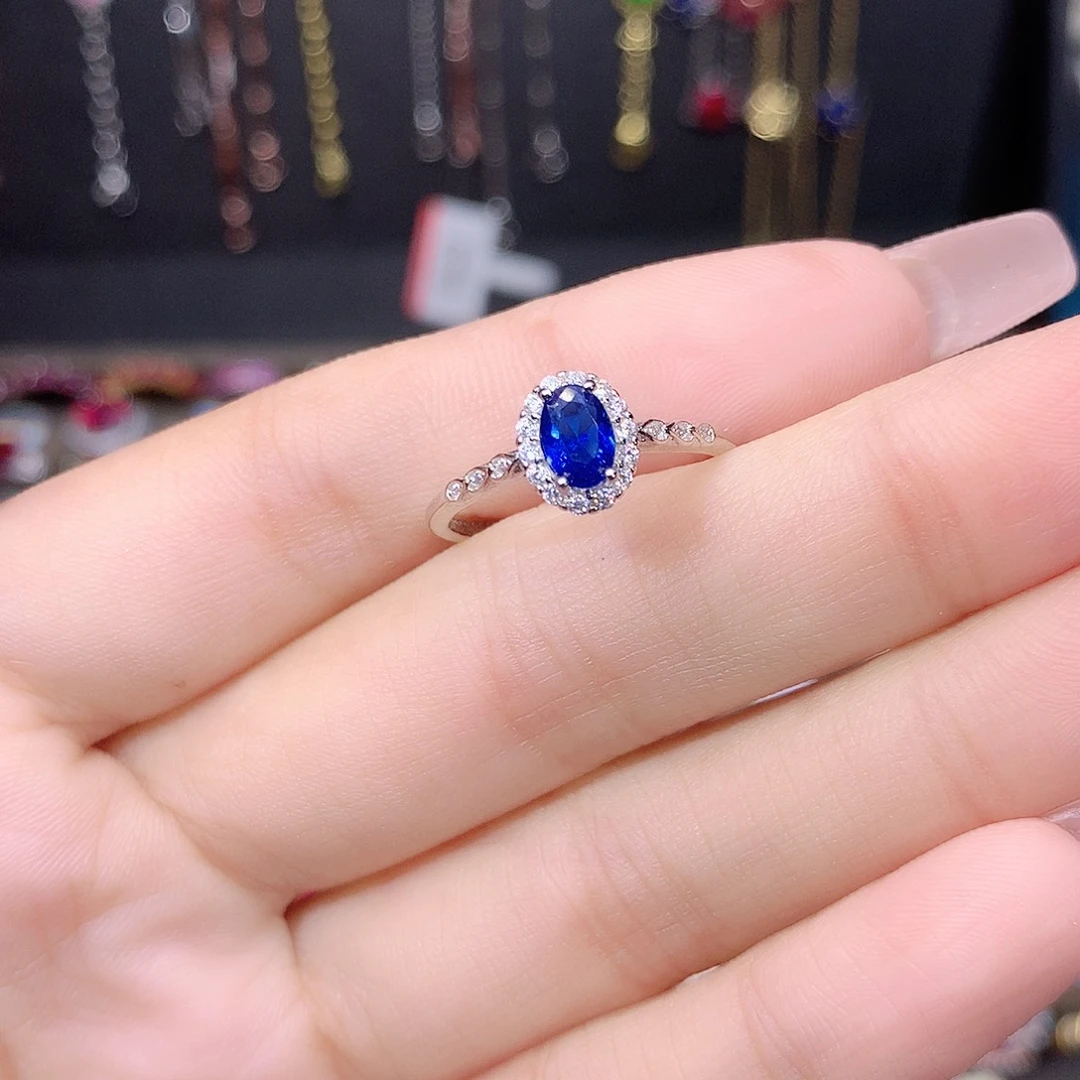 蓝宝石戒指银S925镶嵌白46