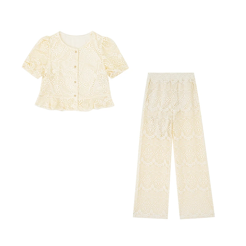 （女装）015 小众减龄洋气蕾丝短袖上衣搭配高腰显瘦直筒长裤套装