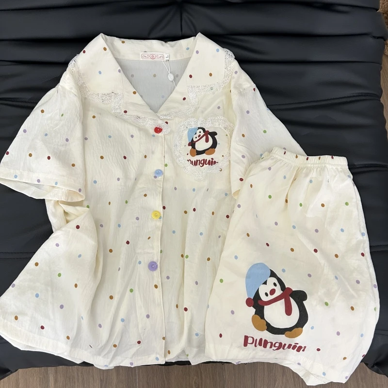 带胸垫·软萌系甜美少女睡衣夏季新款卡通可爱花边短袖裤家居服套