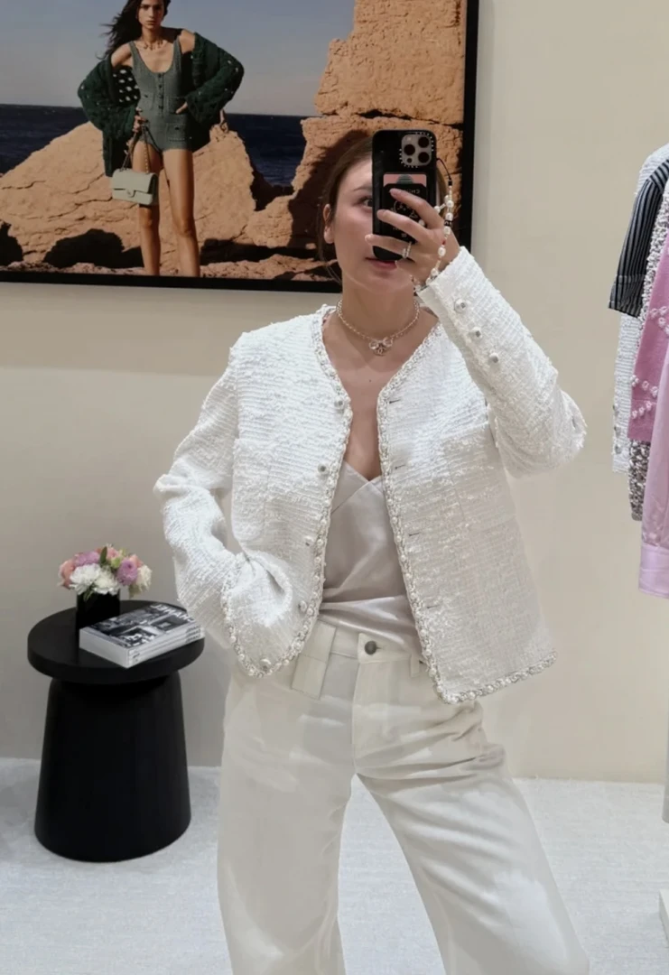 「长芯」断码福利爆款25P重工珍珠滚边白色粗花呢外套 YZ24K01094