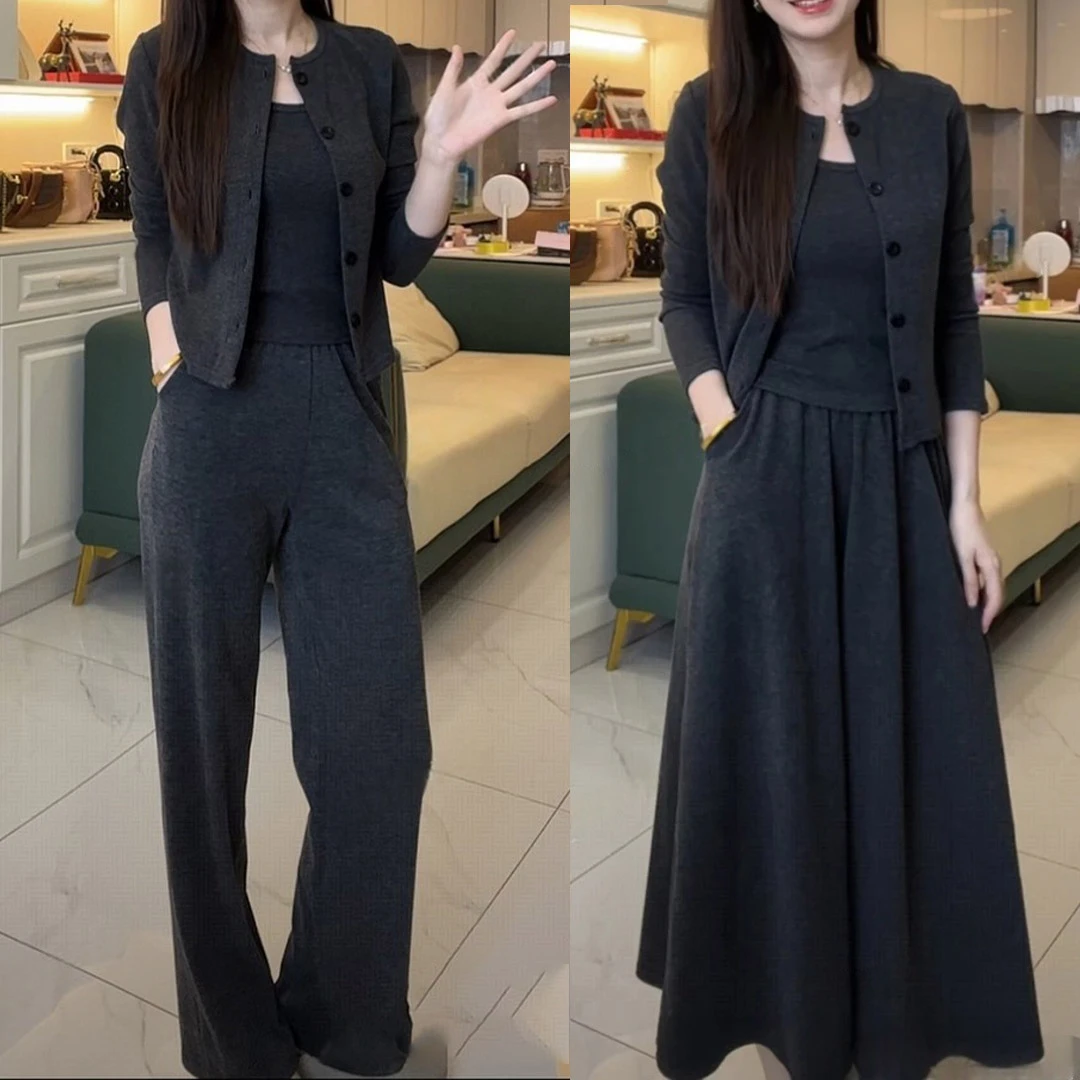 早秋新款套装裙女高级感韩系气质开衫吊带半裙三件套