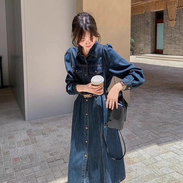 港味复古蓝色牛仔连衣裙女中长款2024秋装新款收腰显瘦长袖衬衫裙