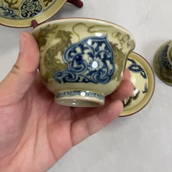瓷片景德镇釉里金如意穿花龙盖碗加主人杯