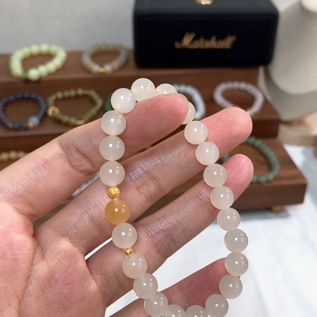 手链18K金镶嵌和田玉蜂蜜水8mm高冰底