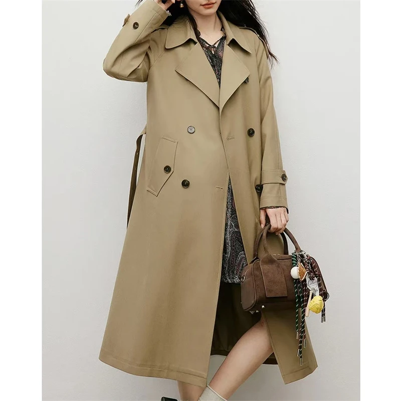 大林专属冬季新款英伦风系带双排扣插肩袖翻驳领风衣9122