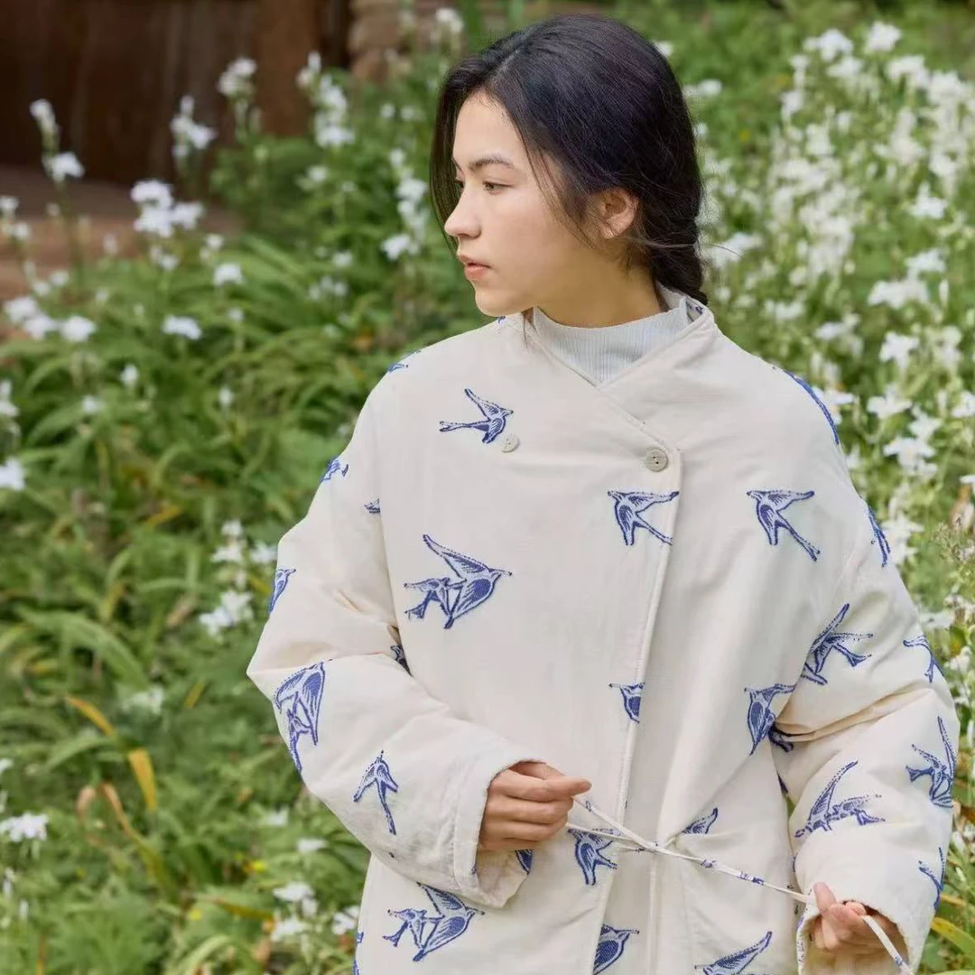 朵朵可可家居服睡衣女2025新款冬季提花纯棉夹棉立领保暖收腰套装