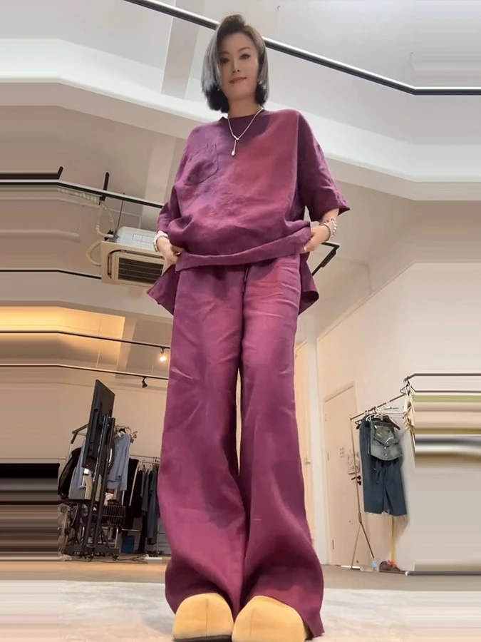 慵懒风洋气两件套夏季松弛感中长款衬衫阔腿裤麻料时尚纯色套装女