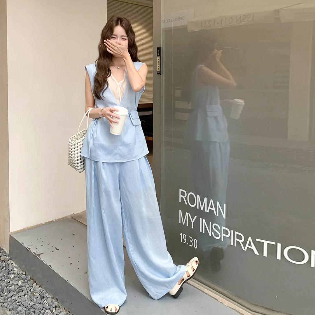 蓝色无袖衬衫阔腿裤套装女夏超火流行绝美轻熟小众不撞款两件套
