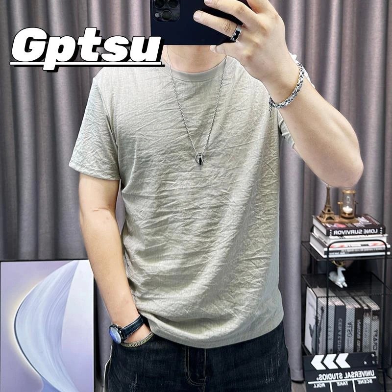 GPTSu2025夏季棉麻男士短袖t恤修身简约圆领上衣薄款半袖麻料体恤