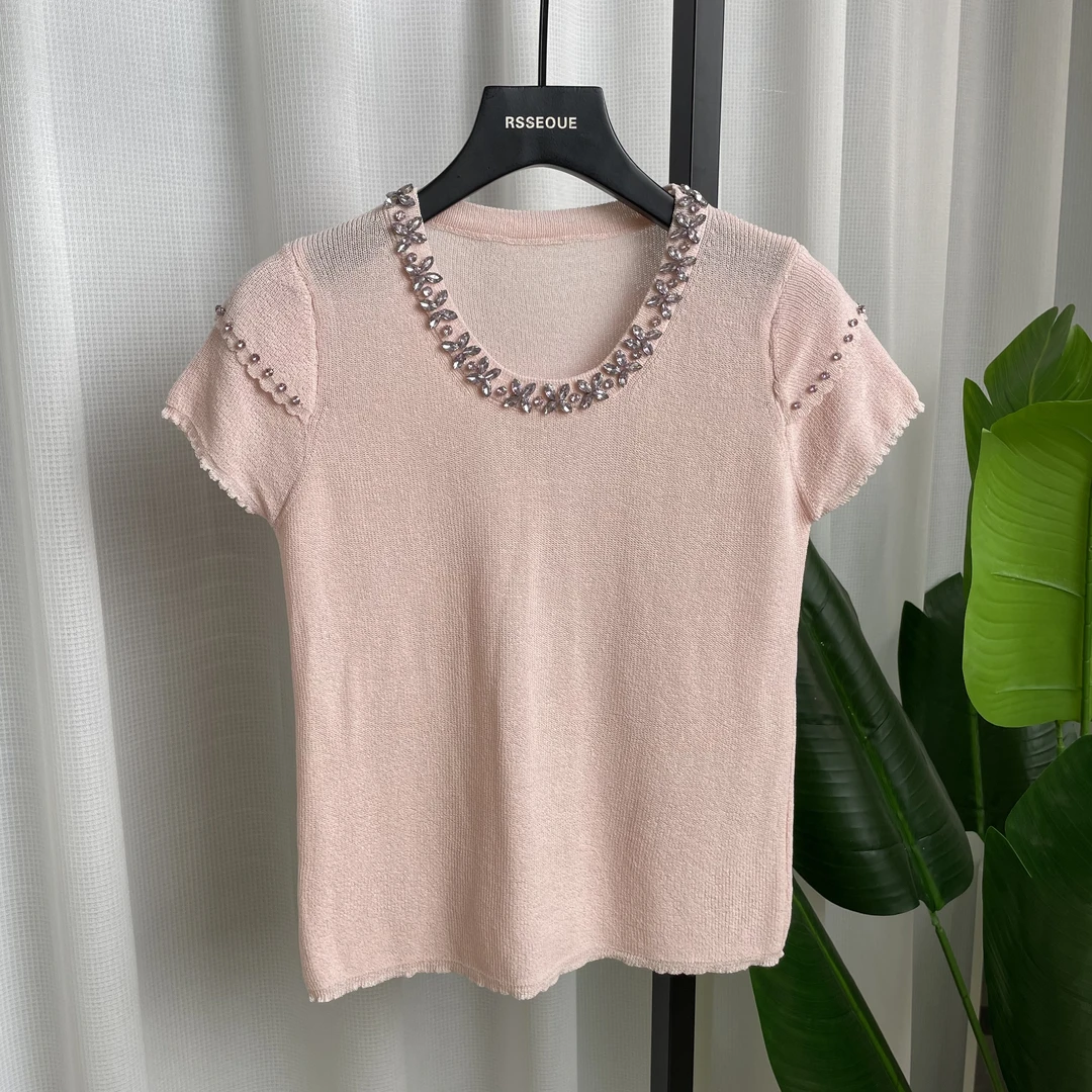 2025年夏季新款重工钉珠短袖小衫女韩系小众修身显瘦上衣针织