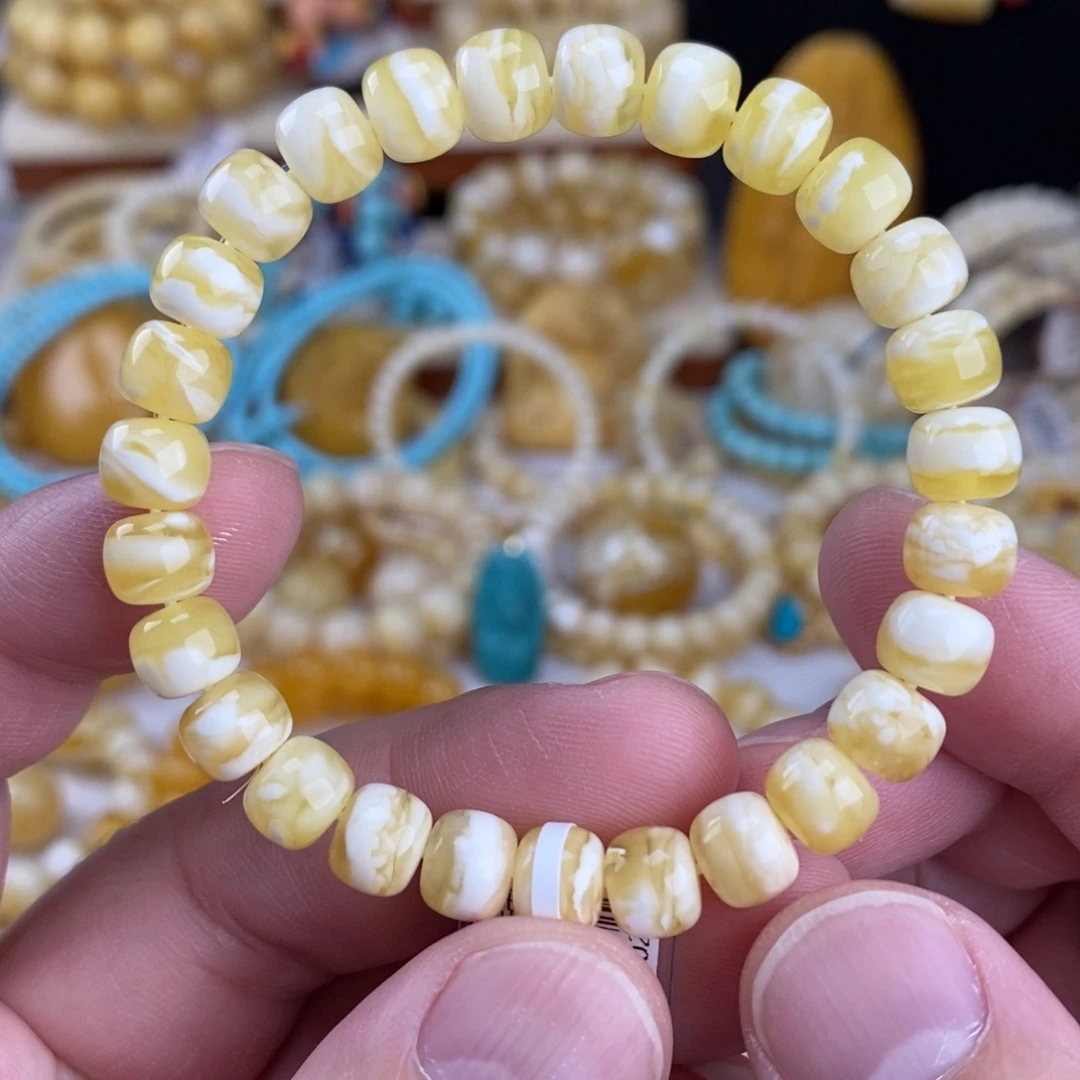 蜜蜡未镶嵌手链瓷白细纹虎皮千层雪8mm