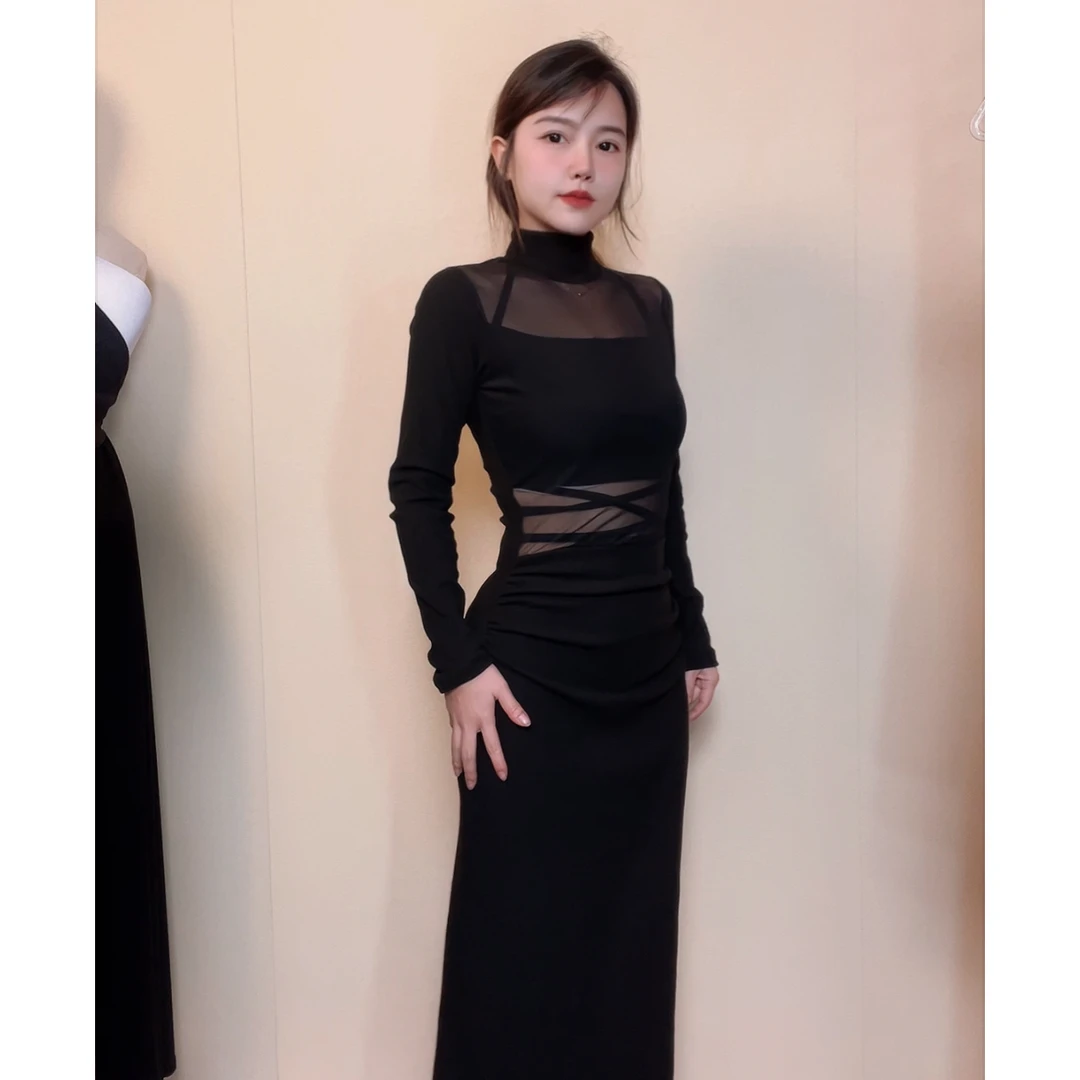 网红性感辣妹拼网纱长袖小黑裙街头洋气高腰修身包臀显瘦连衣裙女