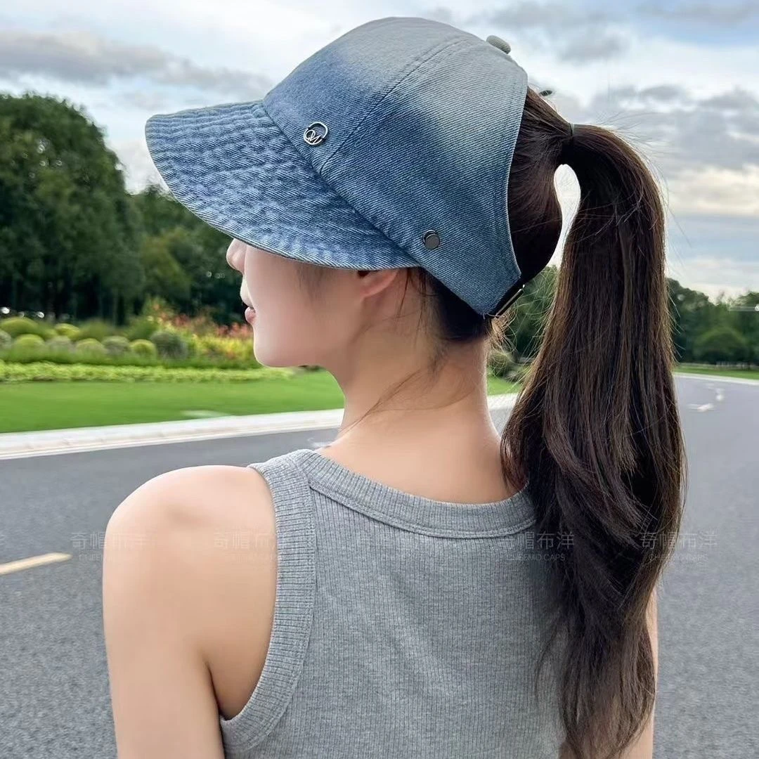 休闲风可扎马尾空顶渔夫帽子女春秋遮阳防晒牛仔鸭舌帽新款大头围