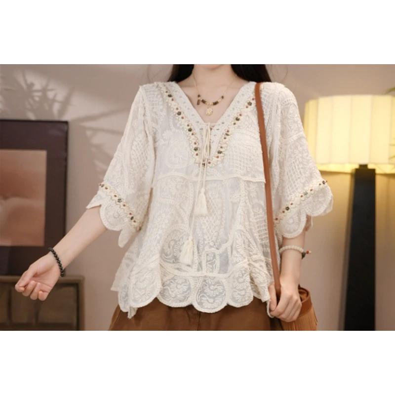唐乐乐｜25new夏季系列V领绑定重工刺绣休闲针织衫上衣 BF1432