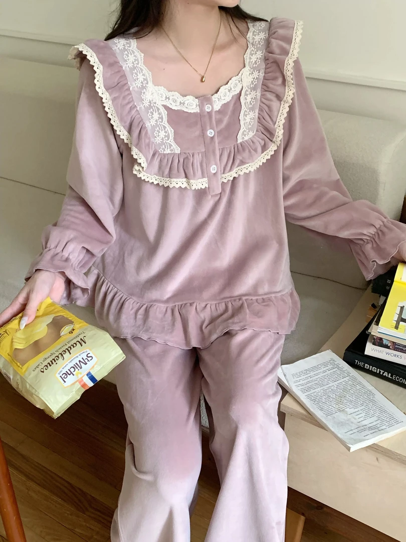 「冬款海岛绒」韩国东大门保暖法式优雅宫廷风V领睡衣套装家居服