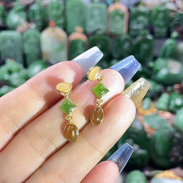 和田玉银S925镶嵌耳坠人***瘦