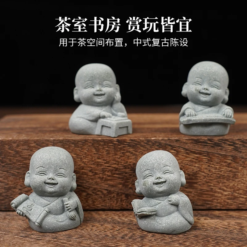 【青砂石】中式禅意砂岩小沙弥假山盆栽鱼缸桌面微景观造景装饰